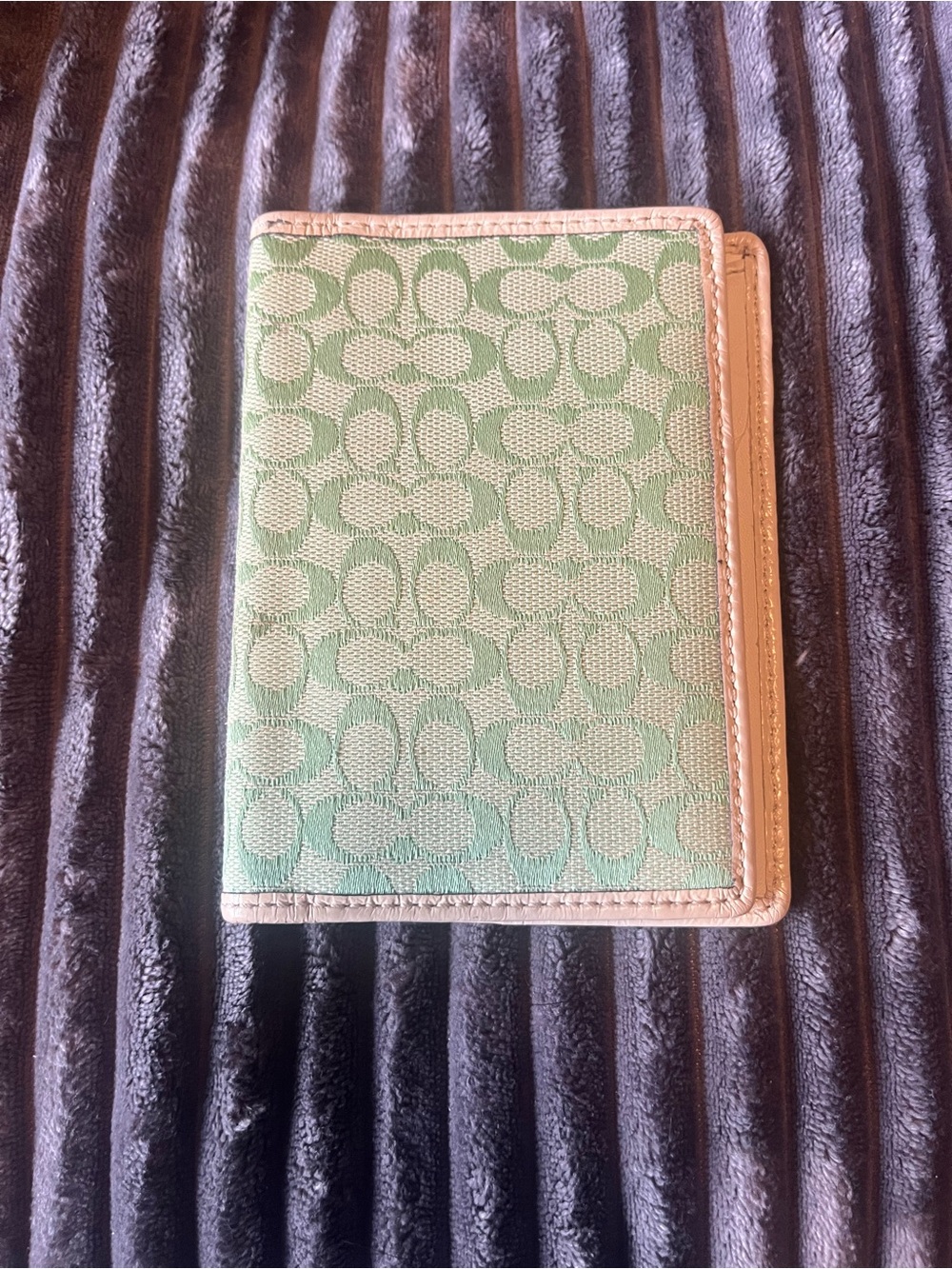 Coach Green Signature Canvas Passport Cover with Tan Trim